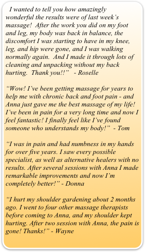 I wanted to tell you how amazingly wonderful the results were of last week’s massage!  After the work you did on my foot and leg, my body was back in balance, the discomfort I was starting to have in my knee, leg, and hip were gone, and I was walking normally again.  And I made it through lots of cleaning and unpacking without my back hurting.  Thank you!!”   - Roselle

“Wow! I’ve been getting massage for years to help me with chronic back and foot pain - and Anna just gave me the best massage of my life! I’ve been in pain for a very long time and now I feel fantastic! I finally feel like I’ve found someone who understands my body!”  - Tom

“I was in pain and had numbness in my hands for over five years. I saw every possible specialist, as well as alternative healers with no results. After several sessions with Anna I made remarkable improvements and now I’m completely better!” - Donna

“I hurt my shoulder gardening about 2 months ago. I went to four other massage therapists before coming to Anna, and my shoulder kept hurting. After two session with Anna, the pain is gone! Thanks!” - Wayne